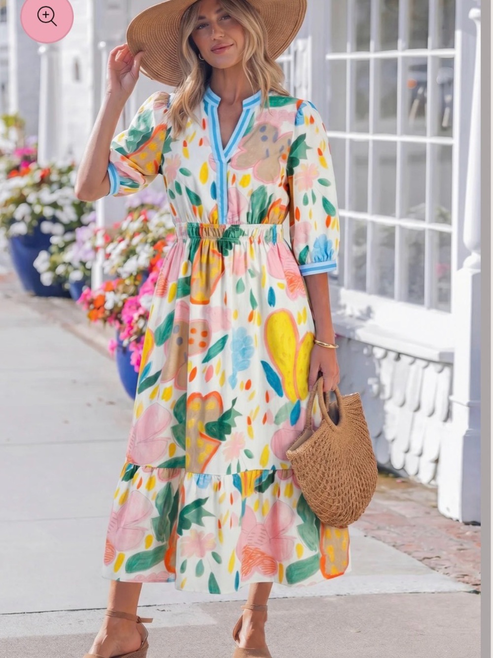 Multicolour Floral Doodle Print Striped Trim V Neck Midi Dress - Picture 5 of 8